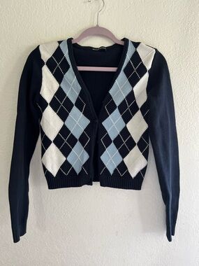 Brandy Melville Navy, Light Blue & White Argyle Button Cardigan